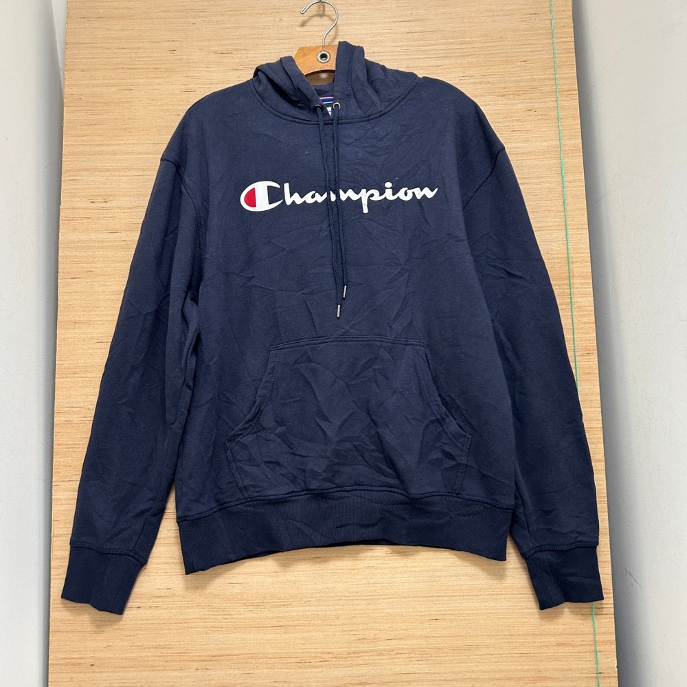 Champion Mens Navy Blue Script Logo Pullover Hoodie Sweatshirt Medium M 7433